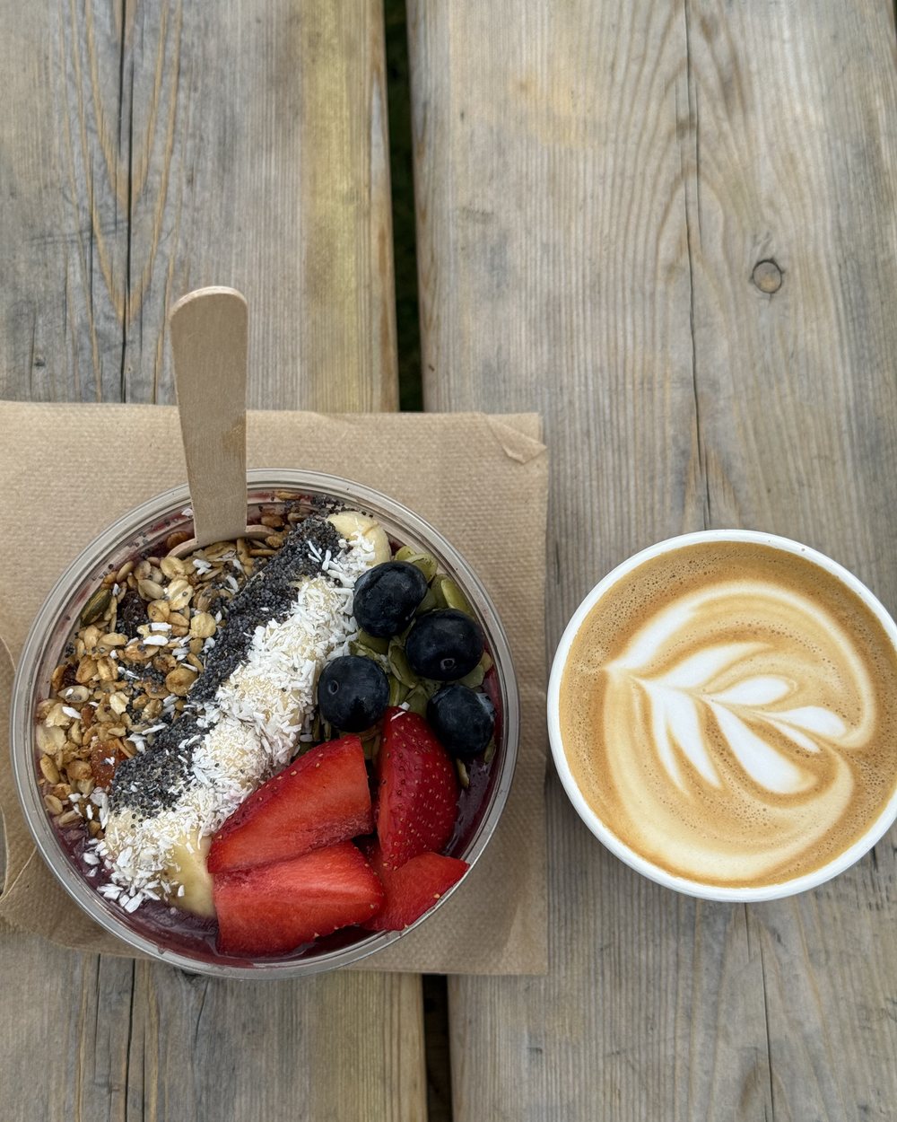 An açaí bowl and a latte from above